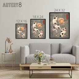 "Artery8 Four Cats in Different Poses Kuniyoshi Black Framed Canvas Art Print in Grey - Size: W12"" x H16""" - thumbnail 4