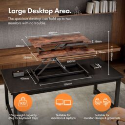 VonHaus Height Adjustable Dark Wood Standing Desk Converter with Keyboard Shelf in Dark Brown - Size: 1 Pack - thumbnail 2