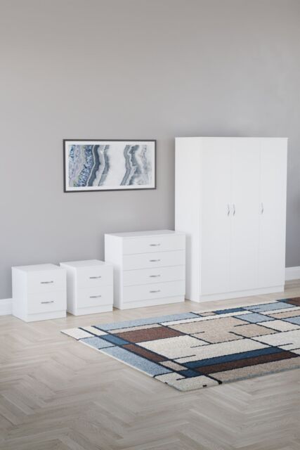 Home Discount Vida Designs 4Pc Bedroom Set 2xBedside, 4 Drawer Chest, 3 Dr Wardrobe in White - image 1