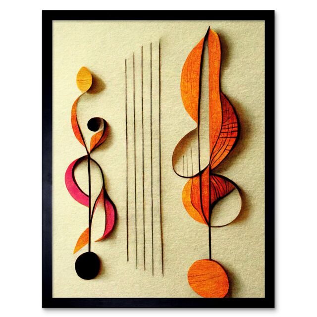 "Artery8 Wall Art Print Abstract Autumnal Boho Music Clefs & Staff Musical Cream Copper Pink Yellow Art Framed in Black - Size: W12"" x H16""" - image 1