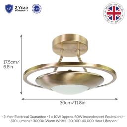 Happy Homewares Semi Flush Energy Saving LED Ceiling Light in Brushed Metal Finish in Metallic Gold - thumbnail 2