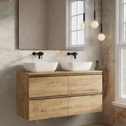 Banyetti Vatilla 1200mm Wall Hung Vanity Unit with Matching Worktop - Ostippo Oak in Light Oak - thumbnail 2