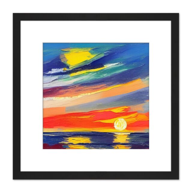 Artery8 Vibrant Abstract Sunset Seascape Multicoloured Oil Painting Square Wooden Framed Wall Art Print Picture 8X8 Inch in Black - image 1