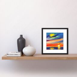 Artery8 Vibrant Abstract Sunset Seascape Multicoloured Oil Painting Square Wooden Framed Wall Art Print Picture 8X8 Inch in Black - thumbnail 2