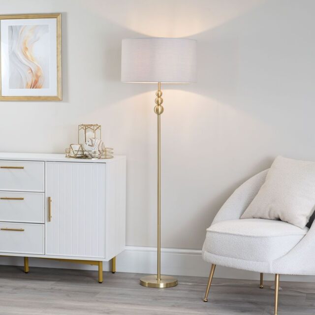 ValueLights Marissa Fabric Drum Shade with Brushed Gold Ball Floor Lamp with Bulb in Grey - image 1
