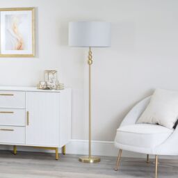 ValueLights Marissa Fabric Drum Shade with Brushed Gold Ball Floor Lamp with Bulb in Grey - thumbnail 5