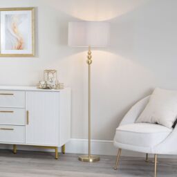 ValueLights Marissa Fabric Drum Shade with Brushed Gold Ball Floor Lamp with Bulb in Grey