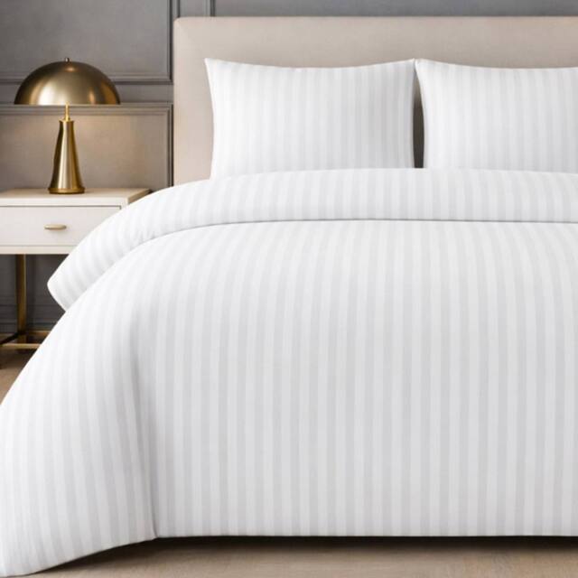 Grace Premium Satin Stripe Duvet Cover Set Soft Breathable Bedding in White - Size: Super King - image 1
