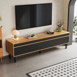 Matteo Modern Black & Natural Wood Effect TV Unit with Push-Open Doors - thumbnail 6