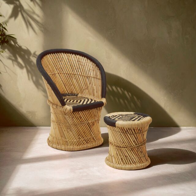 Orsina Comfortable Natural & Grey Chair & Stool, Handwoven Rattan Design Armchair, Bamboo Chair in Black - image 1