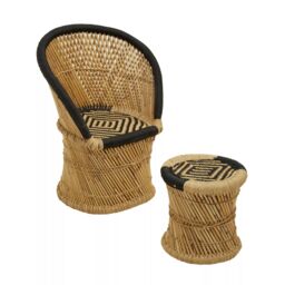 Orsina Comfortable Natural & Grey Chair & Stool, Handwoven Rattan Design Armchair, Bamboo Chair in Black - thumbnail 2