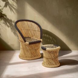 Orsina Comfortable Natural & Grey Chair & Stool, Handwoven Rattan Design Armchair, Bamboo Chair in Black