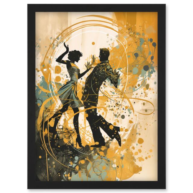 Artery8 Young Couple Dancing to Swing Music at a Club Modern Watercolour Painting Artwork Framed Wall Art Print A4 in Black - image 1