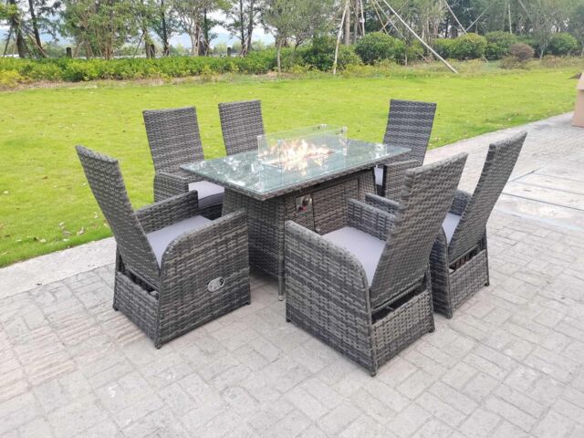 Fimous Rattan Outdoor Garden Furniture Gas Fire Pit Dining Table Gas Heater Burner Table & Chair Sets 6 Seater in Dark Grey - image 1