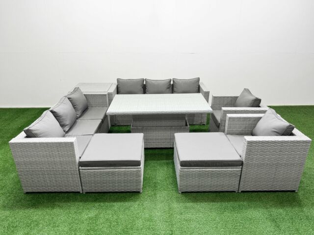 Fimous 8 PCs Rising Dining Table Set Rattan Furniture Set with 3 Seater Sofa in Light Grey - image 1