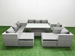 Fimous 8 PCs Rising Dining Table Set Rattan Furniture Set with 3 Seater Sofa in Light Grey - thumbnail 2