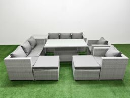 Fimous 8 PCs Rising Dining Table Set Rattan Furniture Set with 3 Seater Sofa in Light Grey - thumbnail 1