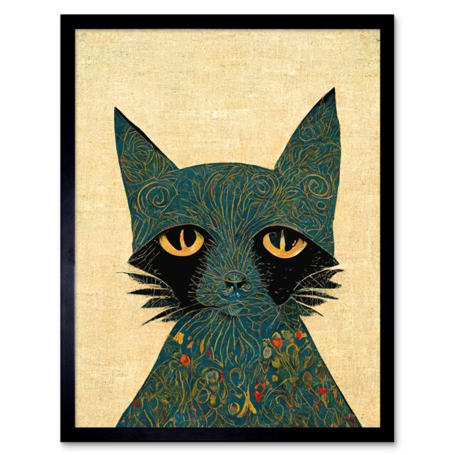"Artery8 Wall Art Print William Morris Style Floral Blue Cat Art Framed in Black - Size: W12"" x H16""" - image 1