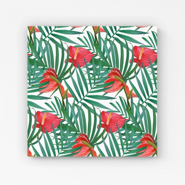 "Warren Reed - Designer Tropical Flowers & Palm Leaves Canvas in Green - Size: W16"" x H16""" - image 1