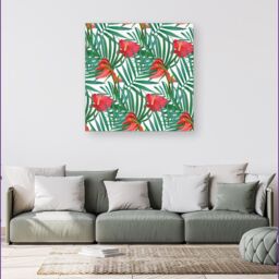 "Warren Reed - Designer Tropical Flowers & Palm Leaves Canvas in Green - Size: W16"" x H16""" - thumbnail 4