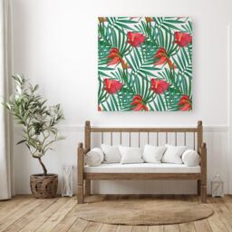 "Warren Reed - Designer Tropical Flowers & Palm Leaves Canvas in Green - Size: W16"" x H16""" - thumbnail 3