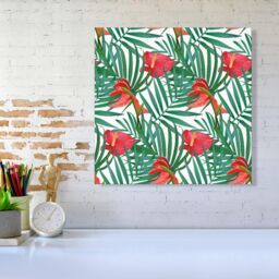 "Warren Reed - Designer Tropical Flowers & Palm Leaves Canvas in Green - Size: W16"" x H16""" - thumbnail 2