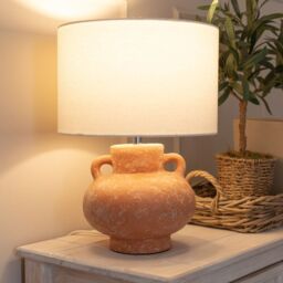 ValueLights Theo Linen Drum Lamp Shade Terracotta Vase Hand Finished Table Lamp