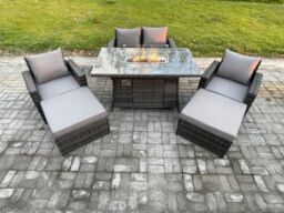 Fimous 6 Seater Rattan Garden Furniture Set Outdoor Lounge Sofa Chair Gas Fire Pit Dining Table Set With 2 Big Footstool Double Seat Sofa Armchiar - thumbnail 1
