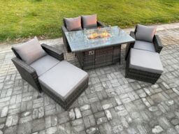 Fimous 6 Seater Rattan Garden Furniture Set Outdoor Lounge Sofa Chair Gas Fire Pit Dining Table Set With 2 Big Footstool Double Seat Sofa Armchiar - thumbnail 2