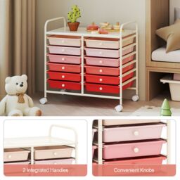 Gymax 12 Drawers Multi-Purpose Utility Cart Storage Rolling Cart With Handles in Pink - thumbnail 9