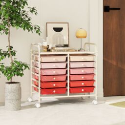 Gymax 12 Drawers Multi-Purpose Utility Cart Storage Rolling Cart With Handles in Pink - thumbnail 7