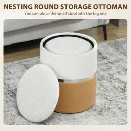 HOMCOM Round Storage Ottoman Set of 2, Nesting Footrest Stool in Brown - Size: 120 - thumbnail 4