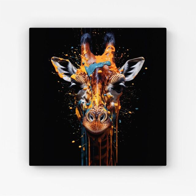 "Warren Reed - Designer Giraffe Face Splashart Canvas in Orange - Size: W16"" x H16""" - image 1