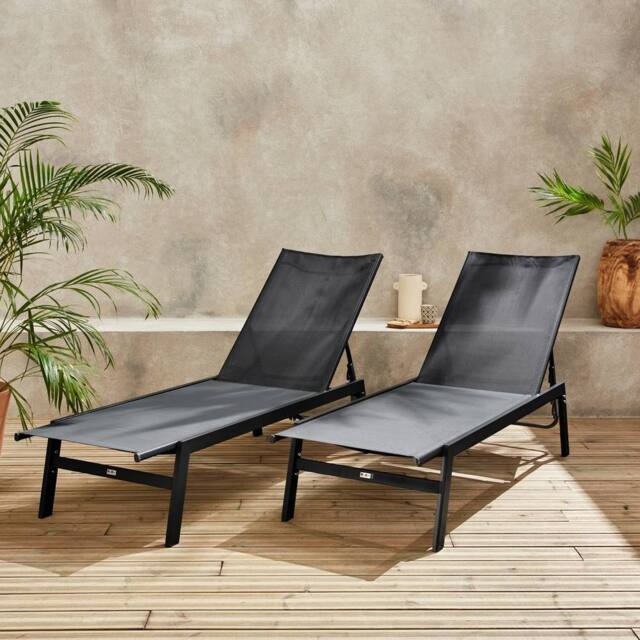 sweeek Set Of 2 Multi-position Deckchairs Textilene & Steel in Black - image 1