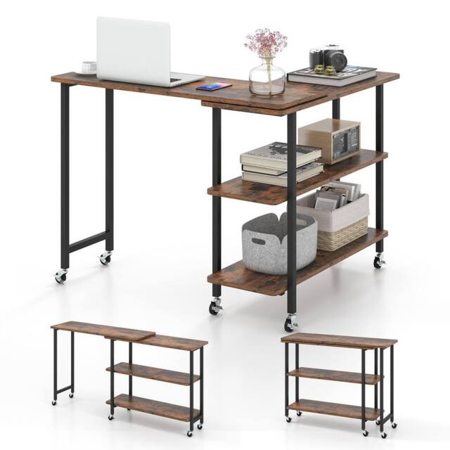 Costway L shaped Mobile 360 Rotating Corner Computer Desk Laptop Computer PC Desk Home Office in Brown - image 1