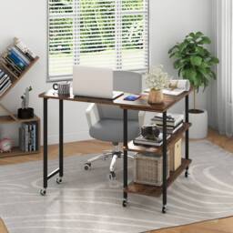 Costway L shaped Mobile 360 Rotating Corner Computer Desk Laptop Computer PC Desk Home Office in Brown - thumbnail 3