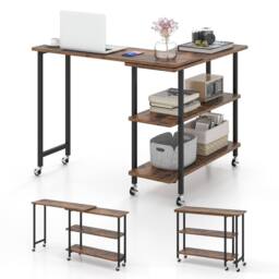Costway L shaped Mobile 360 Rotating Corner Computer Desk Laptop Computer PC Desk Home Office in Brown - thumbnail 1