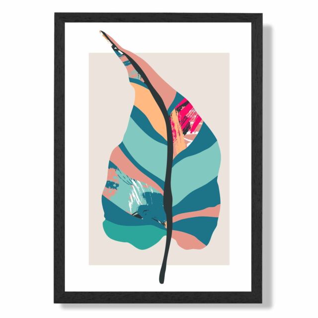 ARTZE Tropical Plant Blue & Pink Boho Botanical Framed Print SIZE: A3 with Black Frame in Mid Blue - Size: A4 - image 1
