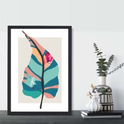ARTZE Tropical Plant Blue & Pink Boho Botanical Framed Print SIZE: A3 with Black Frame in Mid Blue - Size: A4 - thumbnail 2
