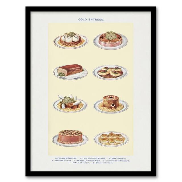 Artery8 Cold Entree Dishes Kitchen Decor Mrs Beeton Framed Wall Art Print in Yellow - Size: A4 - image 1