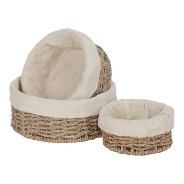 Red Hamper Set of 3 Round Cotton Lined Seagrass Trays in Brown - image 1