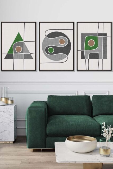 ARTZE Set of 3 Black Framed Mid Century Graphical Shapes in Grey & Green Wall Art - Size: W53 cm x H73 cm x D20mm - image 1