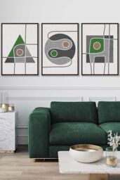ARTZE Set of 3 Black Framed Mid Century Graphical Shapes in Grey & Green Wall Art - Size: W53 cm x H73 cm x D20mm - thumbnail 1
