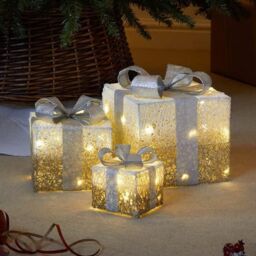Marco Paul Set Of 3 Snow Frosted Light Up Faux Gift Boxes Pre-Lit Warm White LED Parcels in Gold