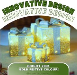 Marco Paul Set Of 3 Snow Frosted Light Up Faux Gift Boxes Pre-Lit Warm White LED Parcels in Gold - thumbnail 6