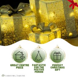 Marco Paul Set Of 3 Snow Frosted Light Up Faux Gift Boxes Pre-Lit Warm White LED Parcels in Gold - thumbnail 3