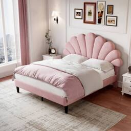 Rolipo 4ft6 Double Pink Velvet Bed Frame with Adjustable Petal Headboard - thumbnail 2