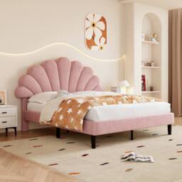 Rolipo 4ft6 Double Pink Velvet Bed Frame with Adjustable Petal Headboard - thumbnail 4