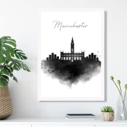ARTZE Manchester Watercolour Skyline City Framed Print SIZE: A4 with White Frame in Black - thumbnail 2