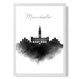 ARTZE Manchester Watercolour Skyline City Framed Print SIZE: A4 with White Frame in Black - thumbnail 1
